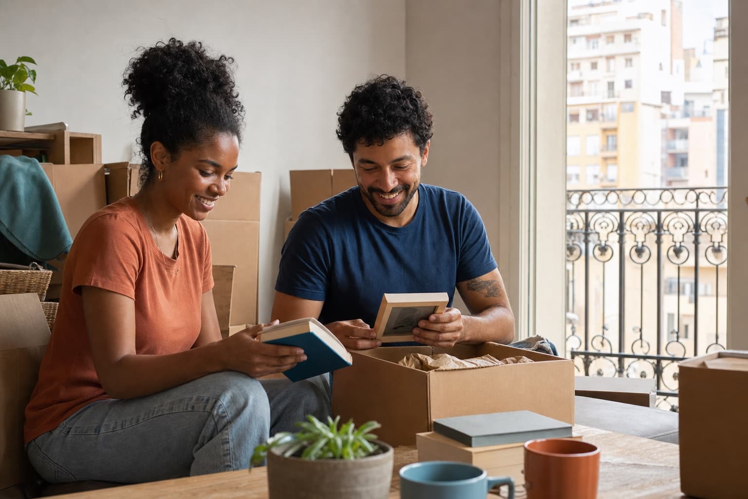 Casal brasileiro organizando livros e memórias em um novo apartamento
