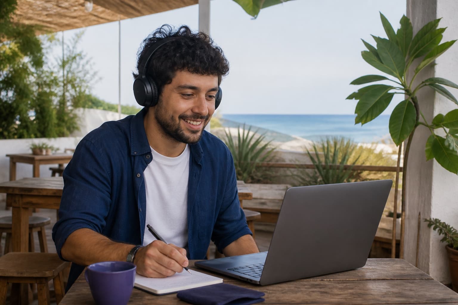 Profissional brasileiro em videochamada em um espaço de trabalho próximo ao litoral português